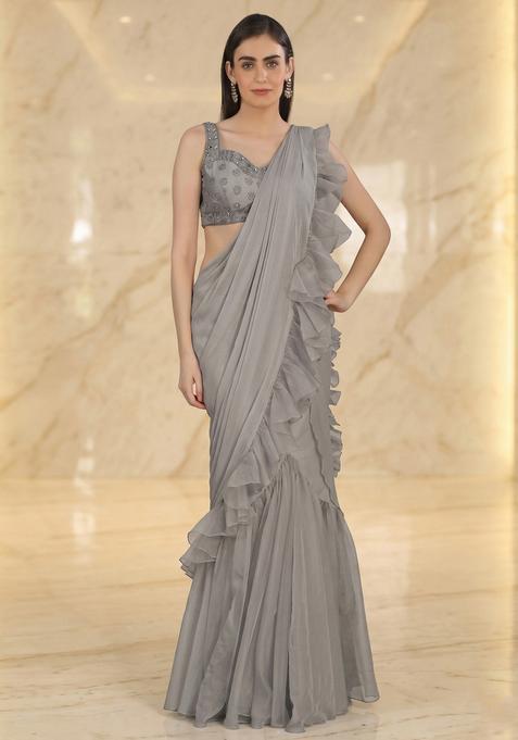 Silver Grey Embroidered Handwork Pre Draped Saree Set