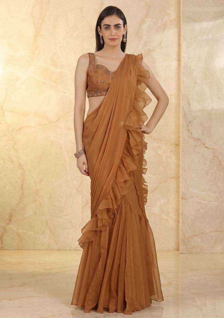 Brown Embroidered Handwork Pre Draped Saree Set - Indya