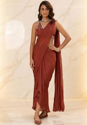 Rust Embroidered Handwork Pre Draped Saree Set