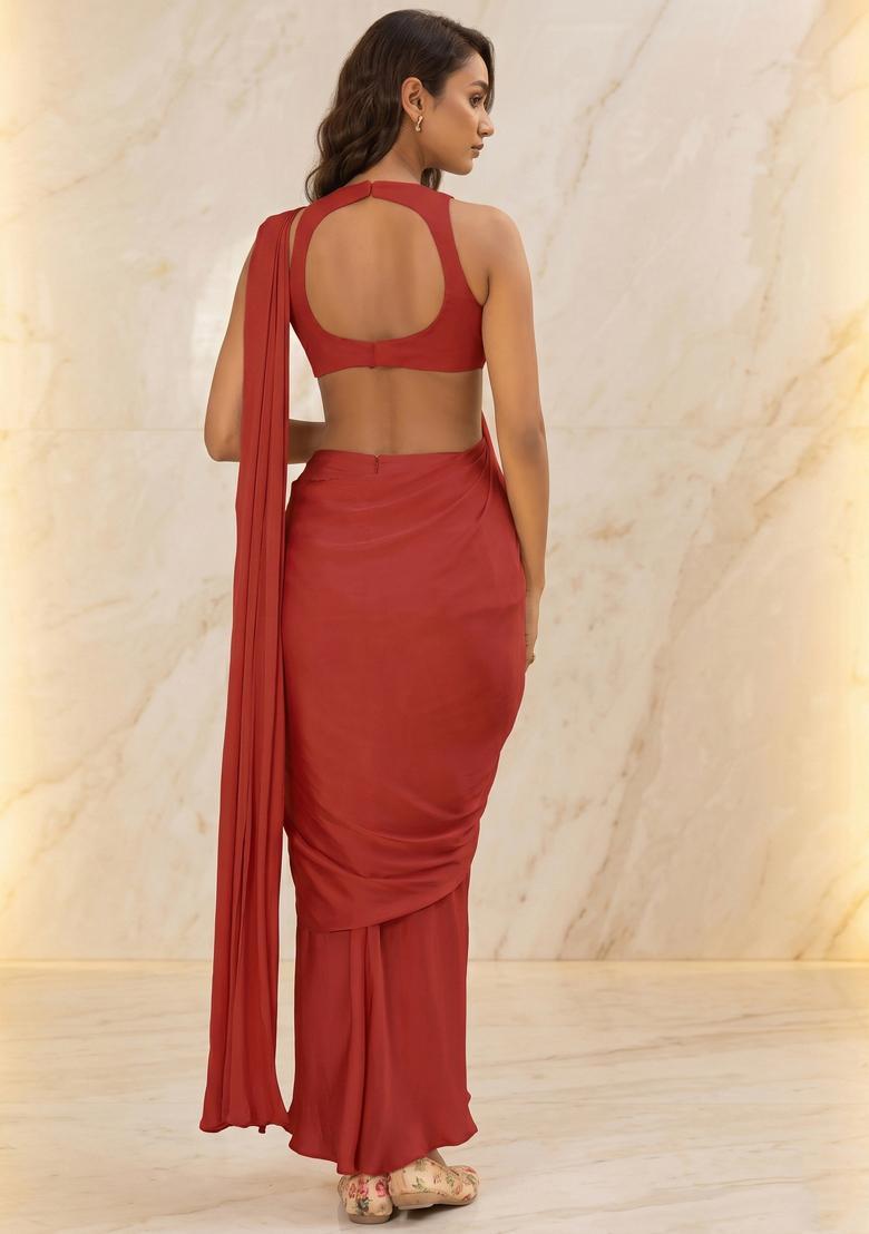 Rust Embroidered Handwork Pre Draped Saree Set - Indya