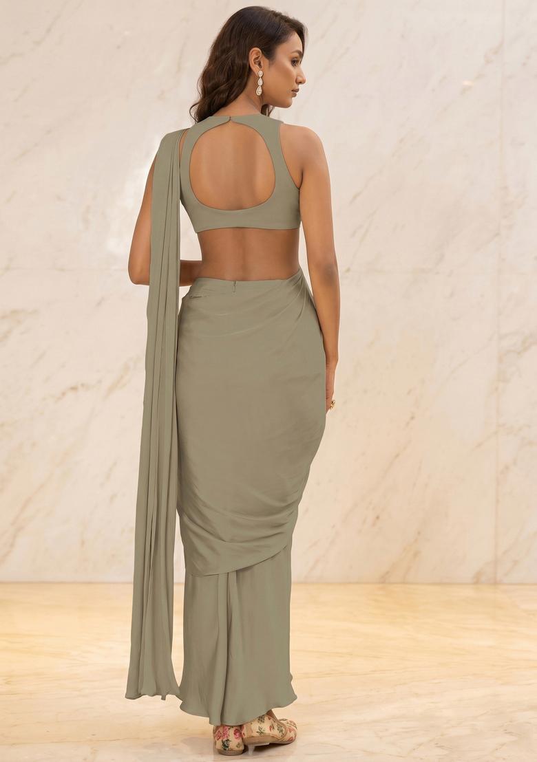Sage Green Embroidered Handwork Pre Draped Saree Set - Indya