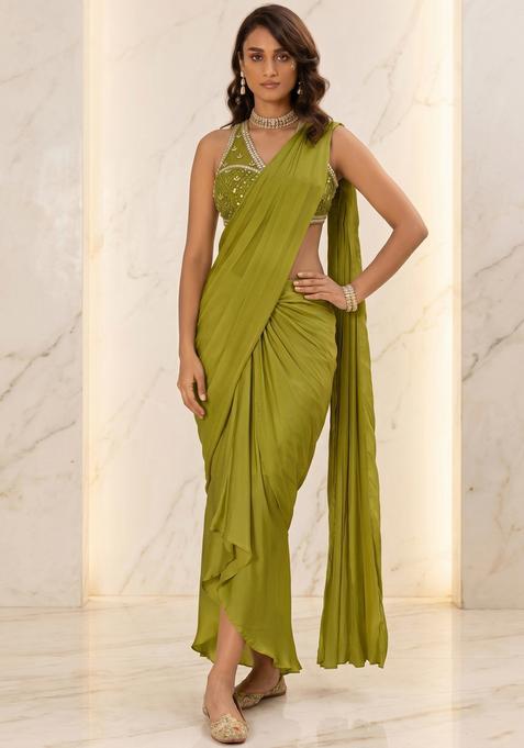 Olive Green Embroidered Handwork Pre Draped Saree Set