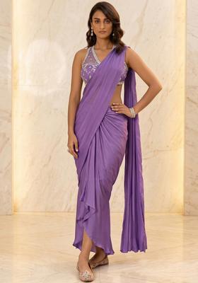 Royal Lilac Embroidered Handwork Pre Draped Saree Set