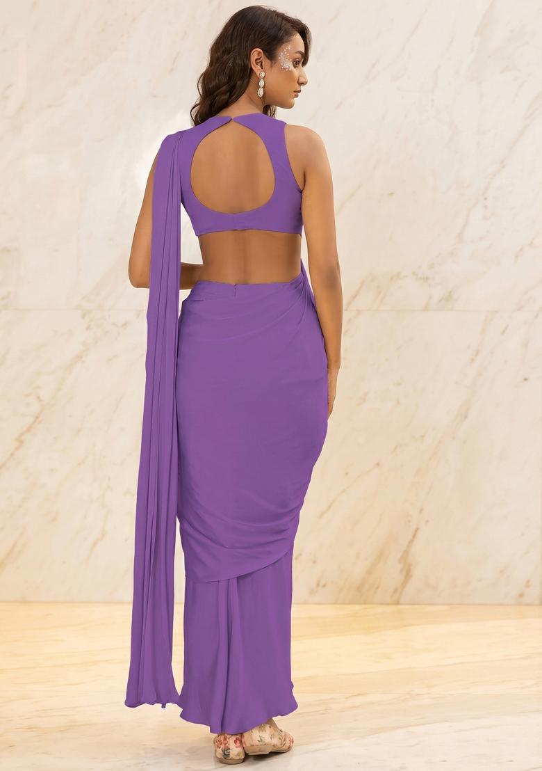 Royal Lilac Embroidered Handwork Pre Draped Saree Set - Indya