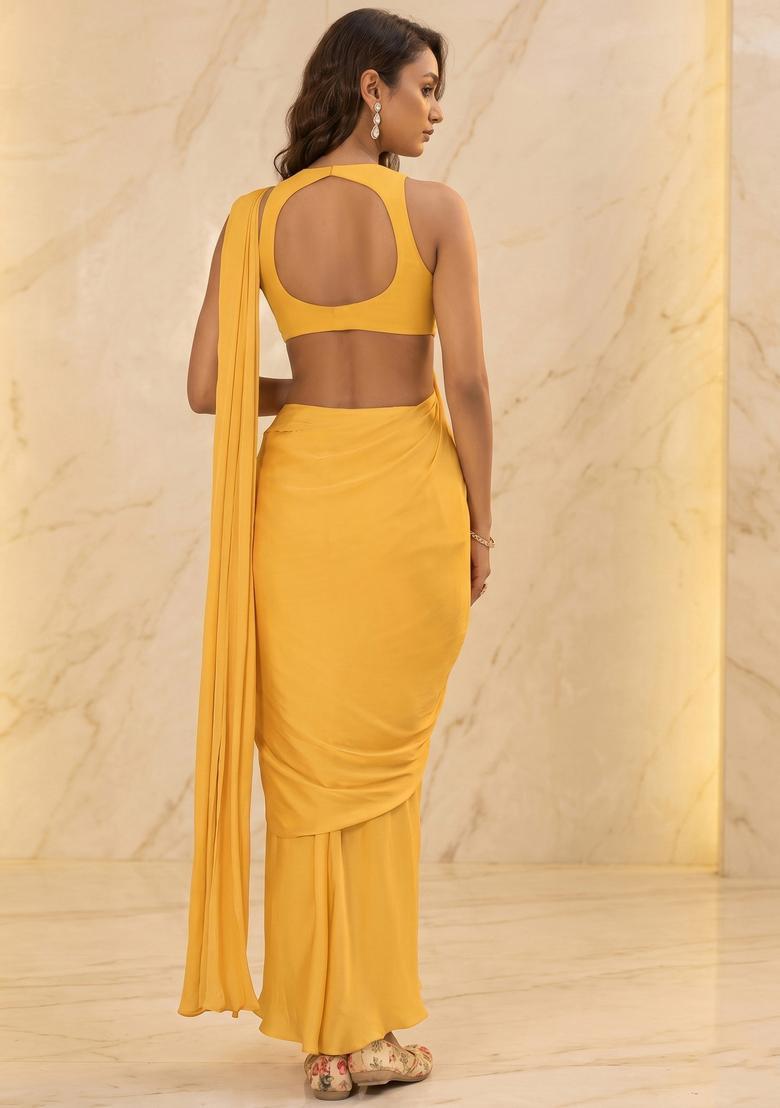Mustard Embroidered Handwork Pre Draped Saree Set - Indya