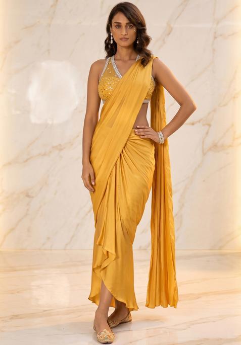 Mustard Embroidered Handwork Pre Draped Saree Set
