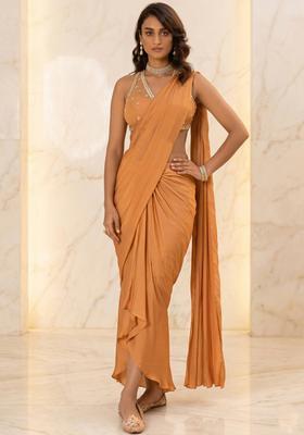 Mustard Brown Embroidered Handwork Pre Draped Saree Set