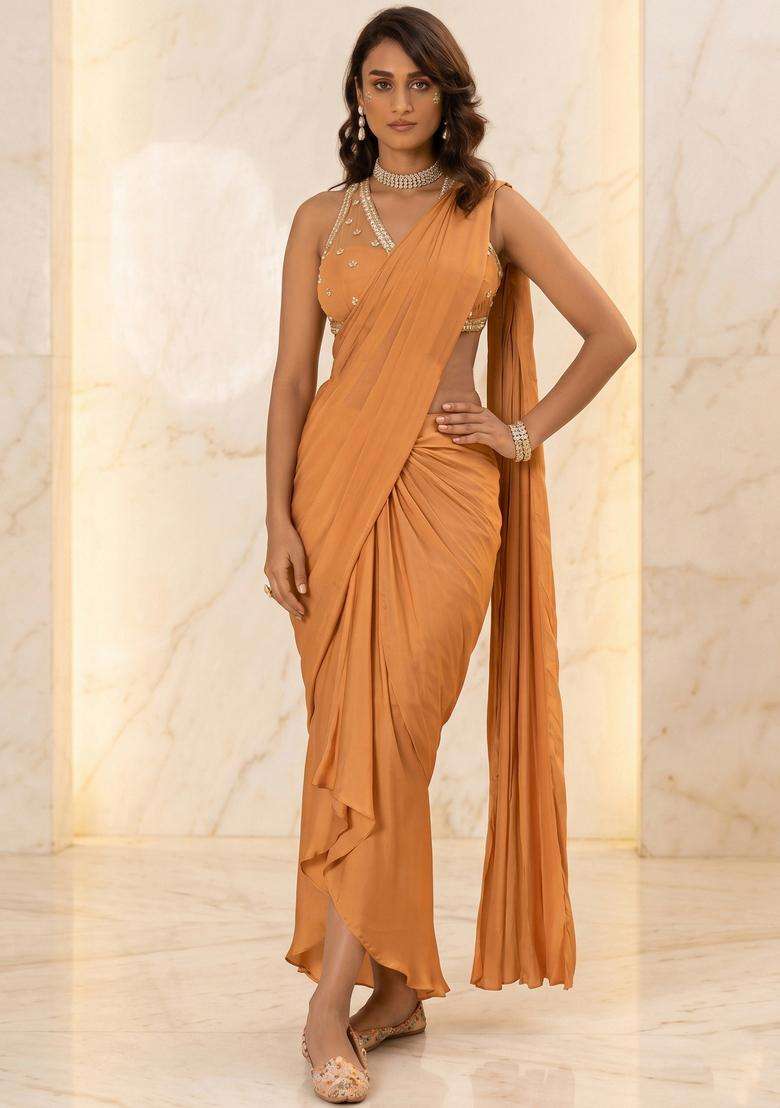 Mustard Brown Embroidered Handwork Pre Draped Saree Set - Indya