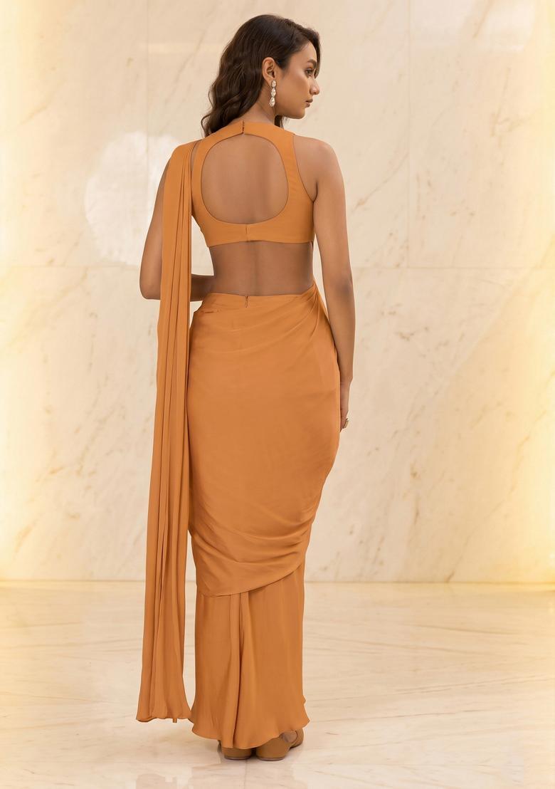 Mustard Brown Embroidered Handwork Pre Draped Saree Set - Indya