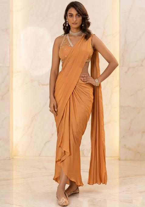 Mustard Brown Embroidered Handwork Pre Draped Saree Set