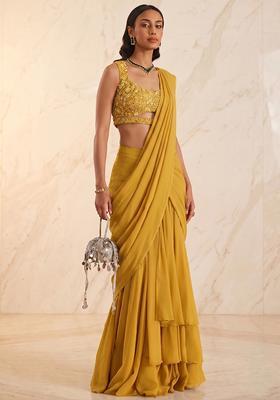 Mustard Handwork Pre Draped Saree Set