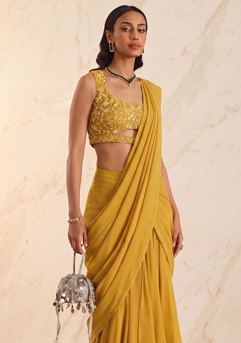 Mustard Handwork Pre Draped Saree Set - Indya