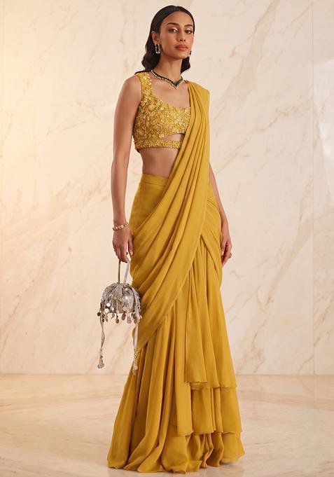 Mustard Handwork Pre Draped Saree Set