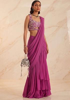 Rani Pink Handwork Pre Draped Saree Set
