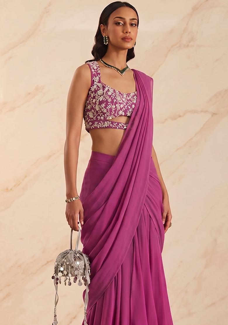 Rani Pink Handwork Pre Draped Saree Set - Indya