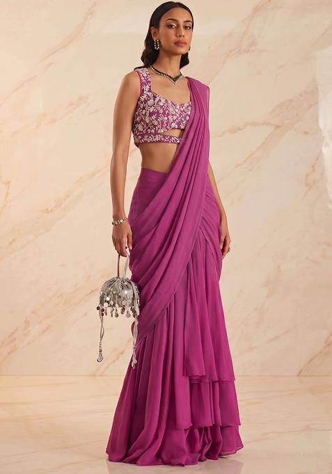 Rani Pink Handwork Pre Draped Saree Set