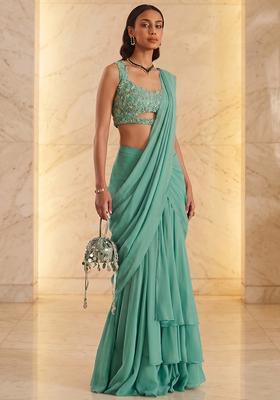 Sea Green Handwork Pre Draped Saree Set