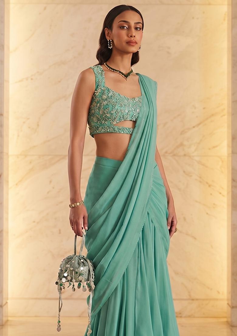 Sea Green Handwork Pre Draped Saree Set - Indya