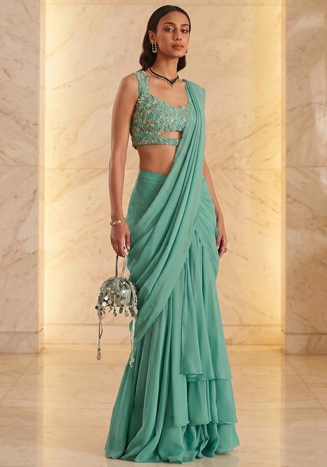 Sea Green Handwork Pre Draped Saree Set