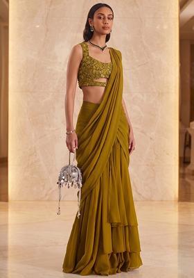 Olive Green Handwork Pre Draped Saree Set