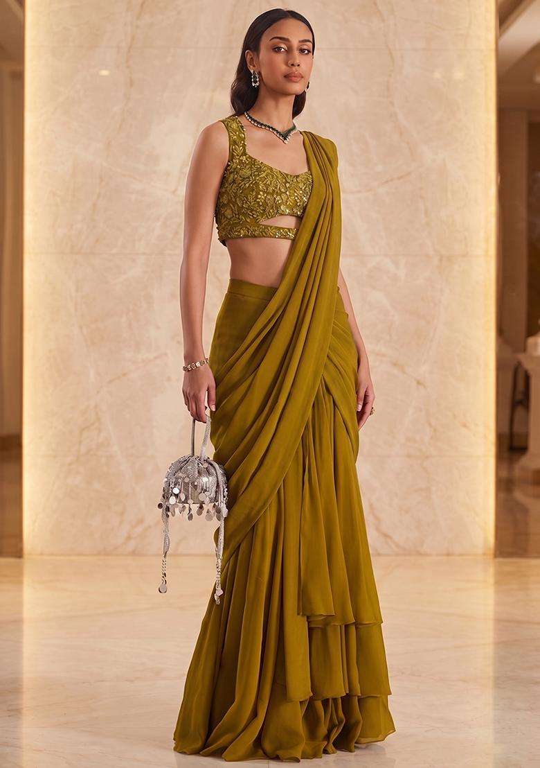 Olive Green Handwork Pre Draped Saree Set - Indya