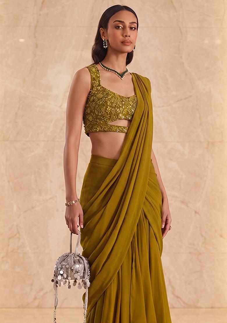 Olive Green Handwork Pre Draped Saree Set - Indya