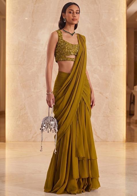 Olive Green Handwork Pre Draped Saree Set
