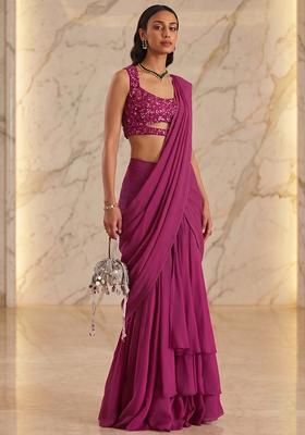 Wine Handwork Pre Draped Saree Set