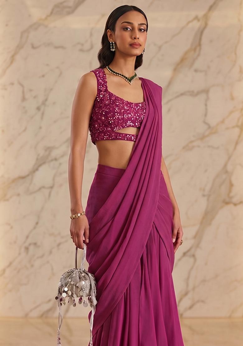 Wine Handwork Pre Draped Saree Set - Indya