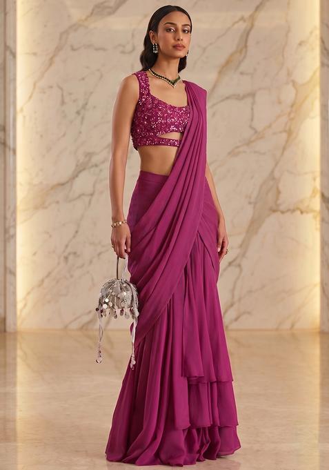 Wine Handwork Pre Draped Saree Set