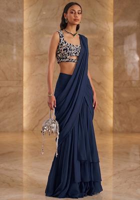 Navy Blue Handwork Pre Draped Saree Set