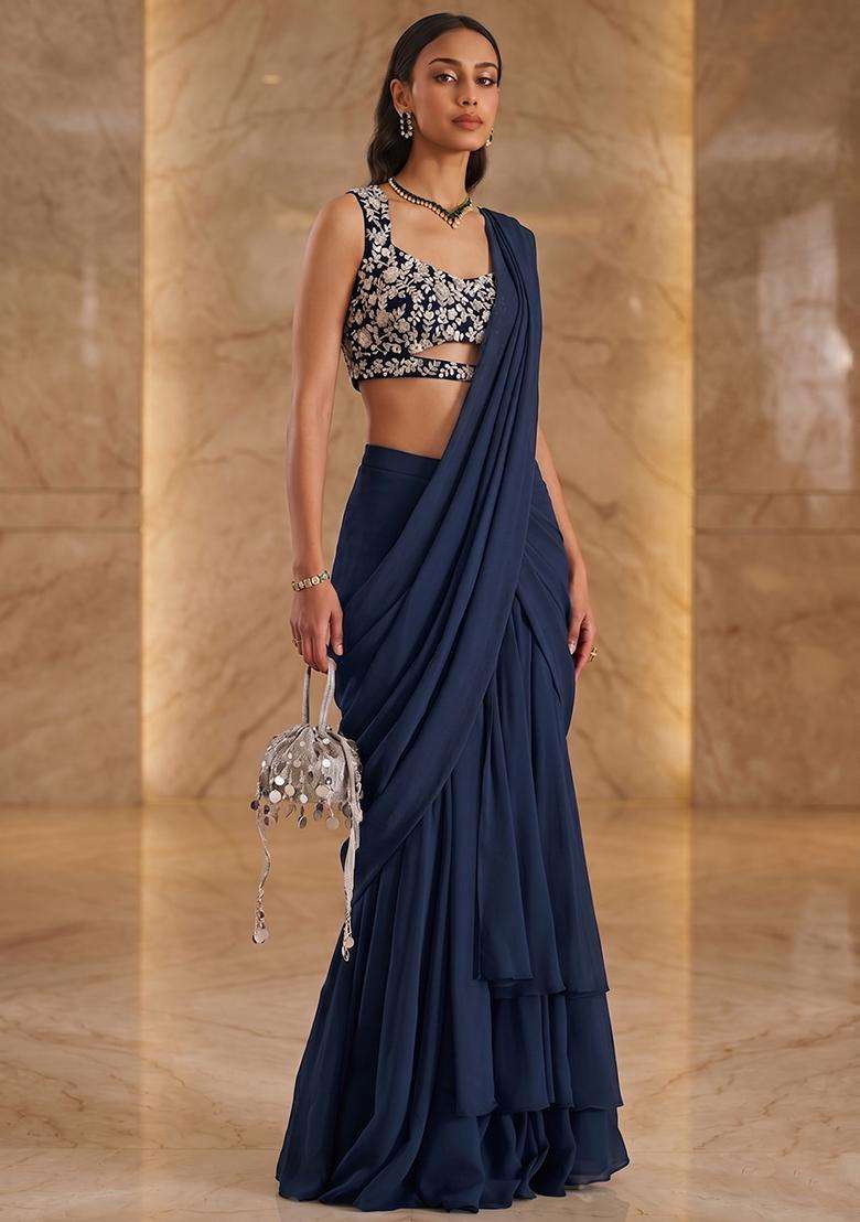 Navy Blue Handwork Pre Draped Saree Set - Indya