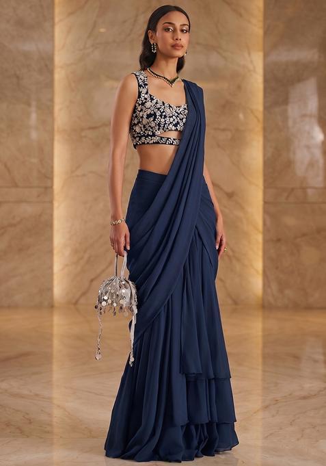 Navy Blue Handwork Pre Draped Saree Set