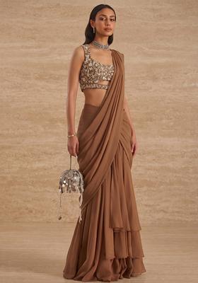 Coffee Brown Handwork Pre Draped Saree Set