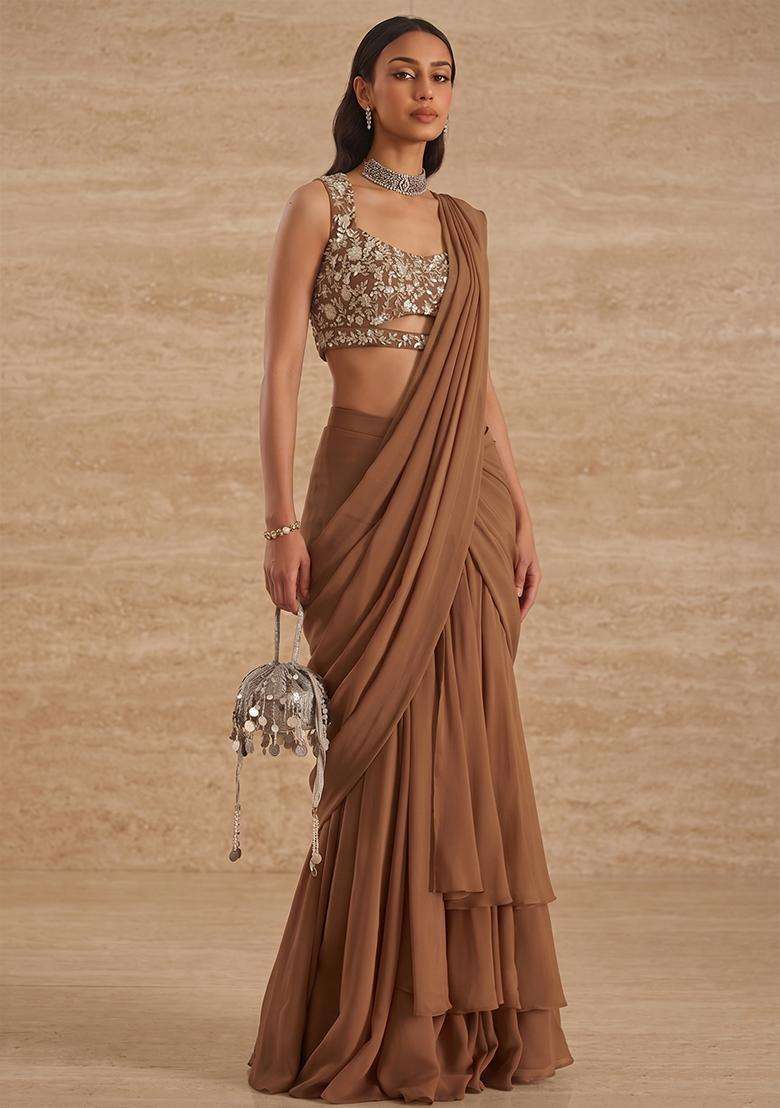 Coffee Brown Handwork Pre Draped Saree Set - Indya