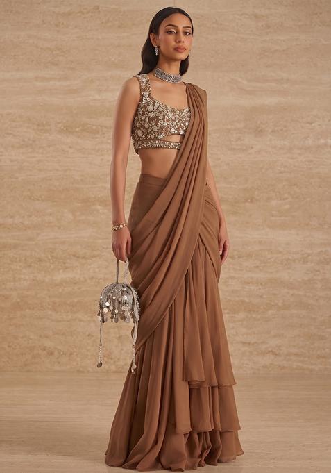 Coffee Brown Handwork Pre Draped Saree Set