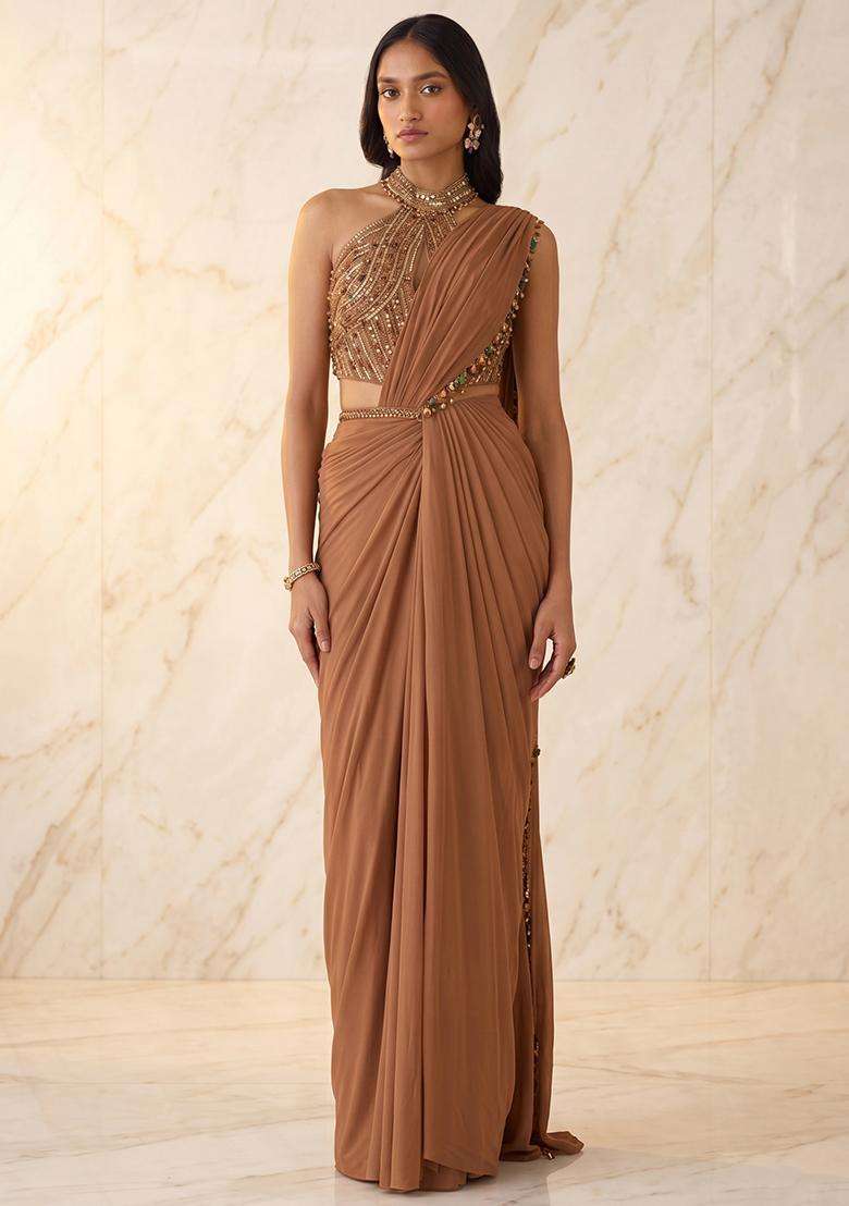 Tan Handwork Pre Draped Saree Set - Indya