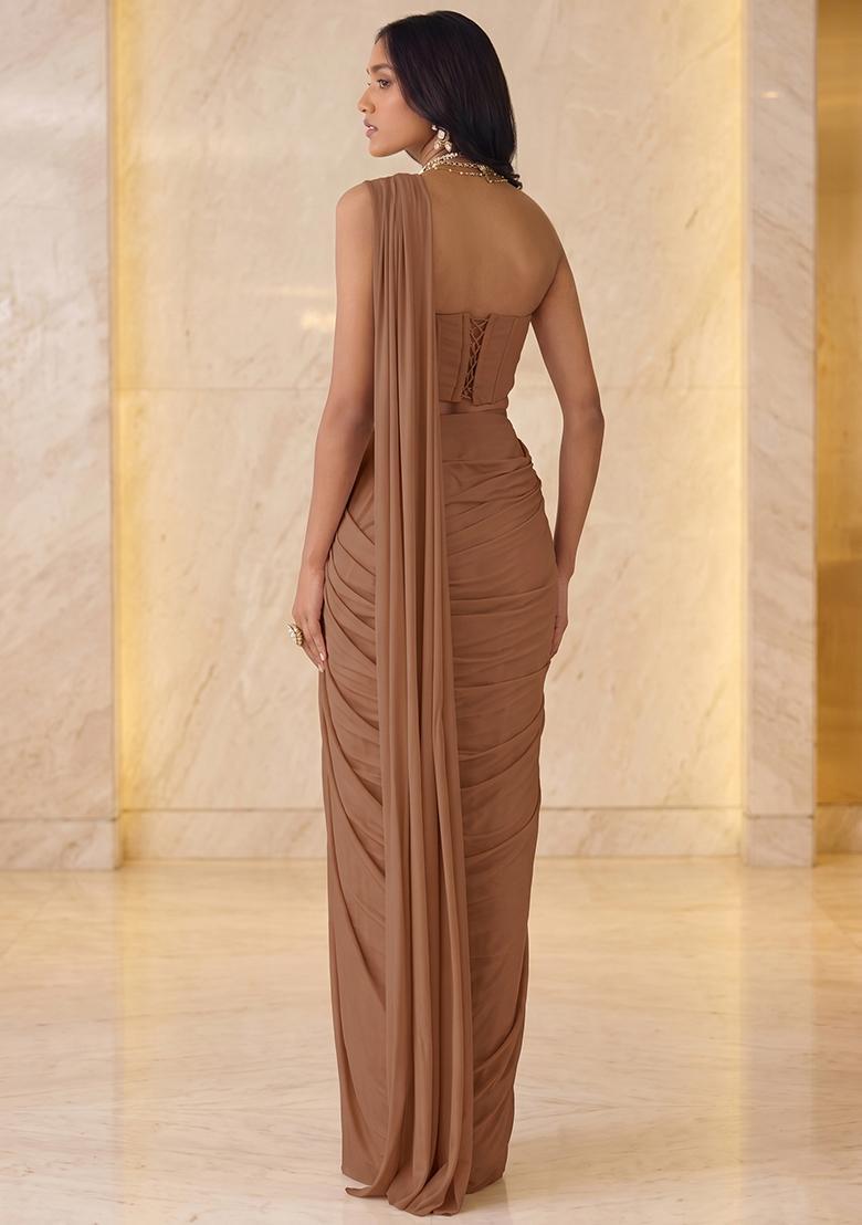 Tan Handwork Pre Draped Saree Set - Indya