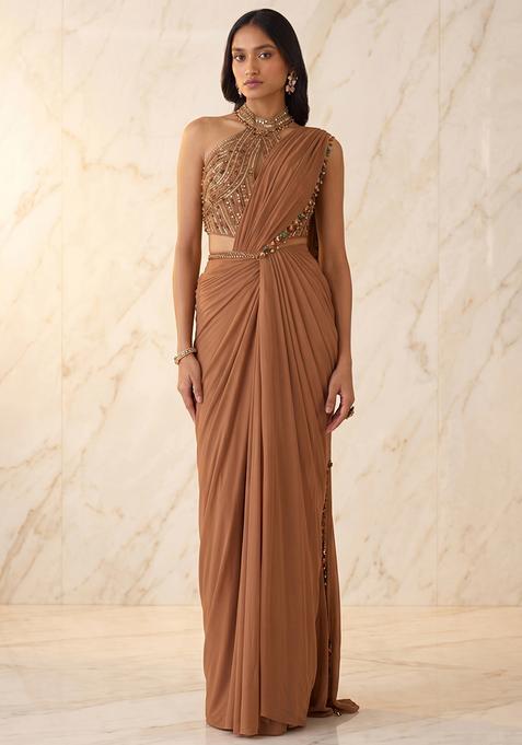 Tan Handwork Pre Draped Saree Set