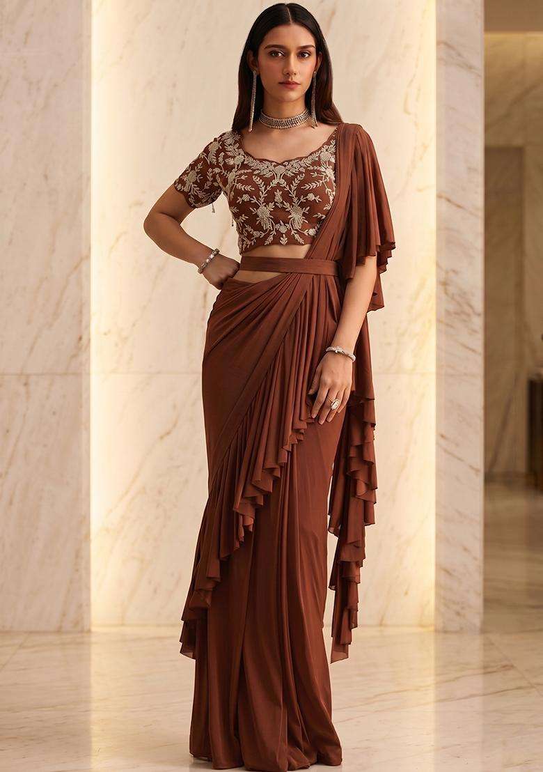 Chocolate Brown Handwork Pre Draped Saree Set - Indya