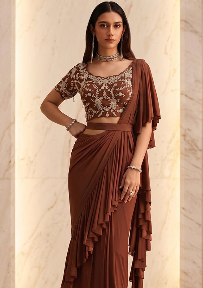 Chocolate Brown Handwork Pre Draped Saree Set - Indya