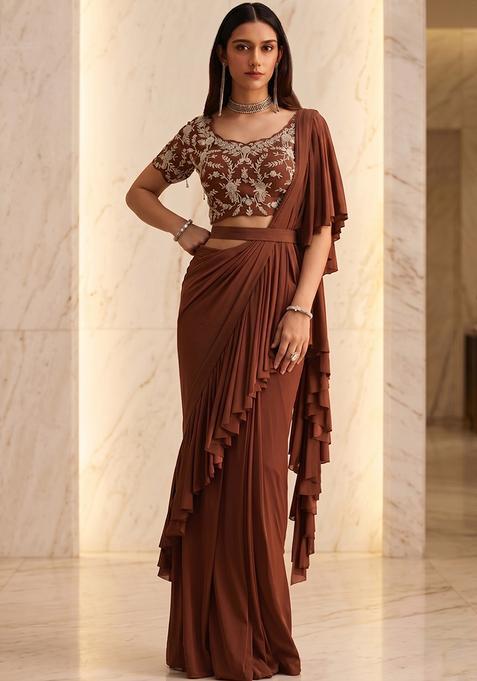Chocolate Brown Handwork Pre Draped Saree Set