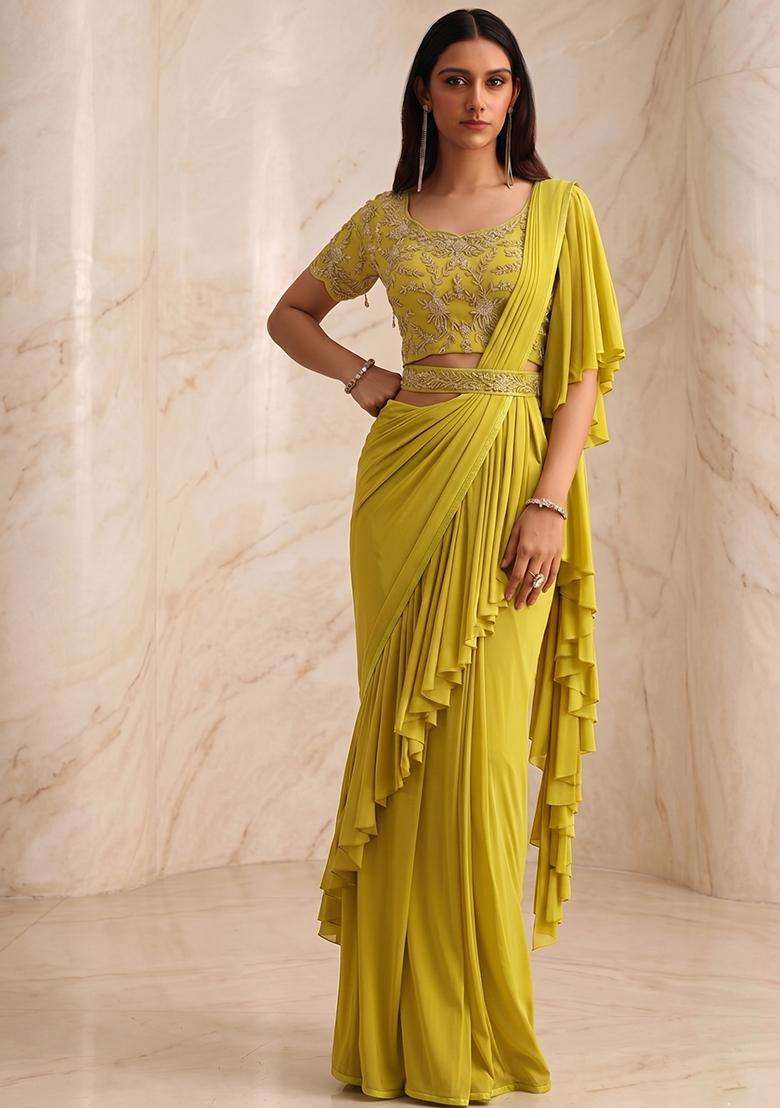 Mustard Green Handwork Pre Draped Saree Set - Indya