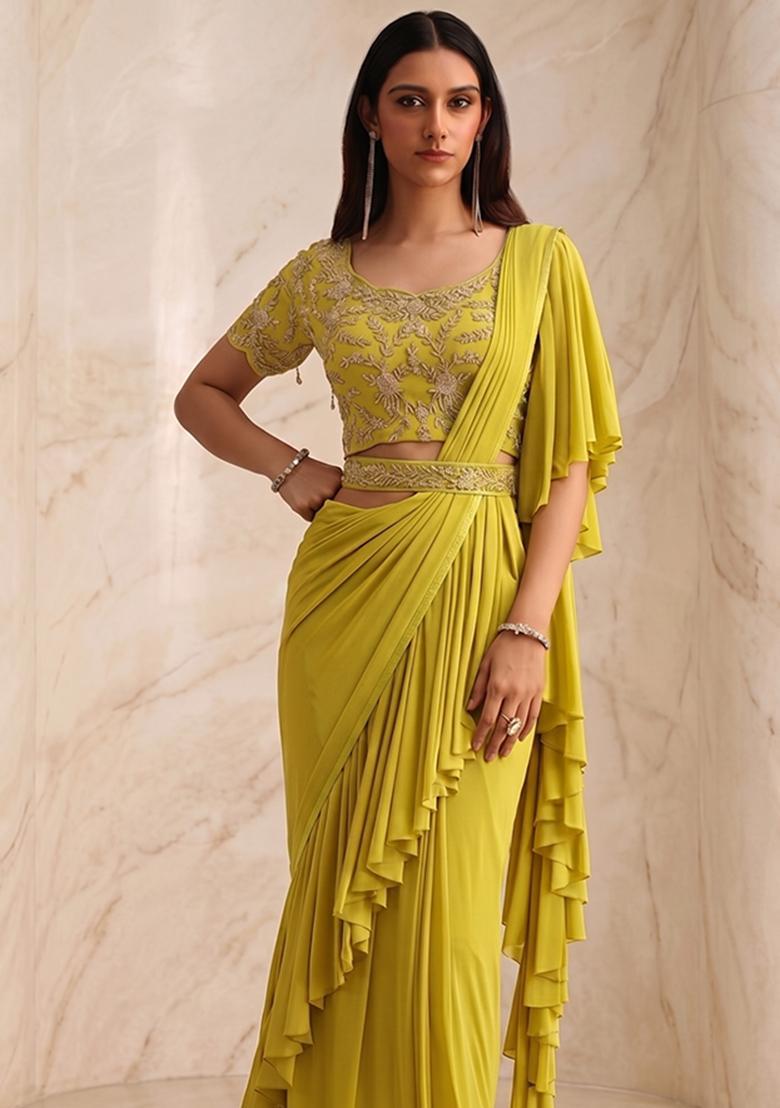 Mustard Green Handwork Pre Draped Saree Set - Indya