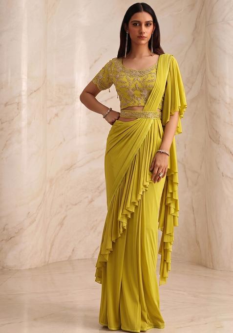 Olive Green Handwork Pre Draped Saree Set