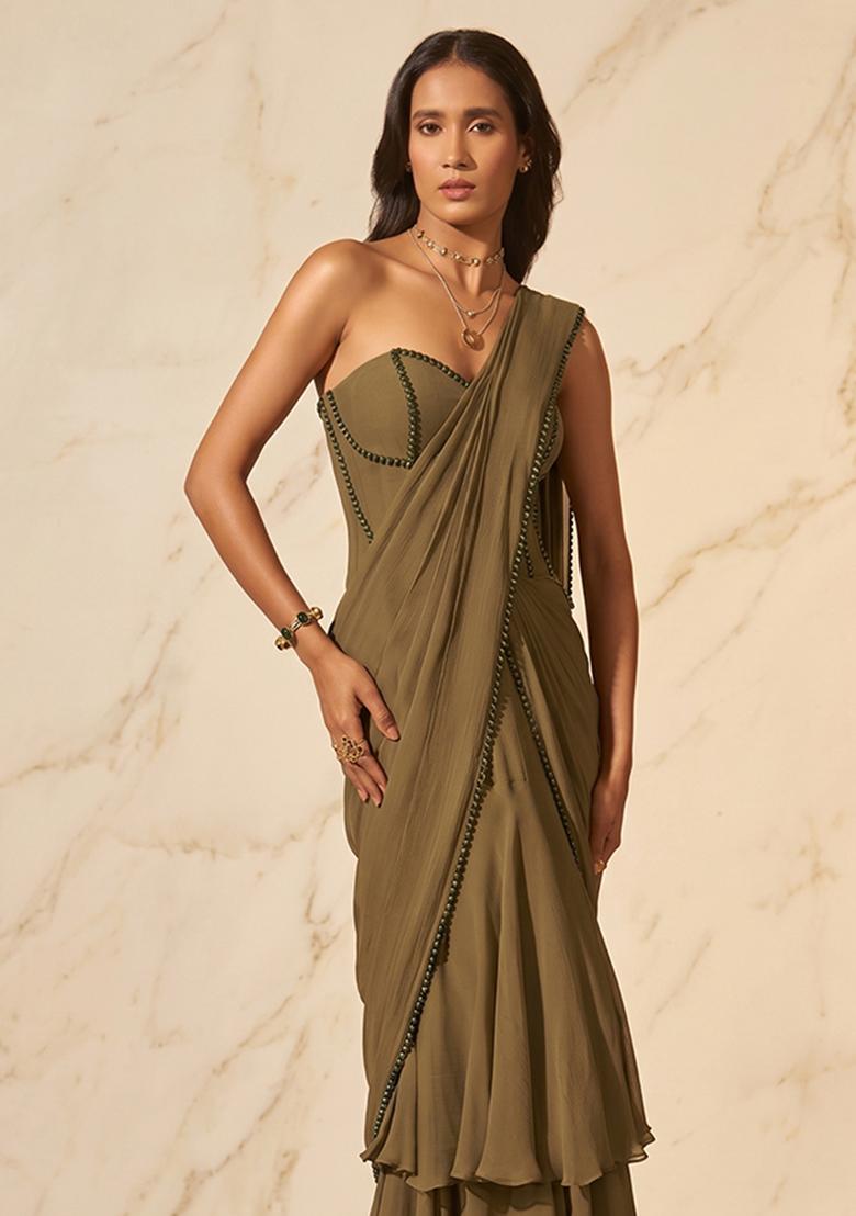 Olive Green Handwork Pre Draped Saree Set - Indya