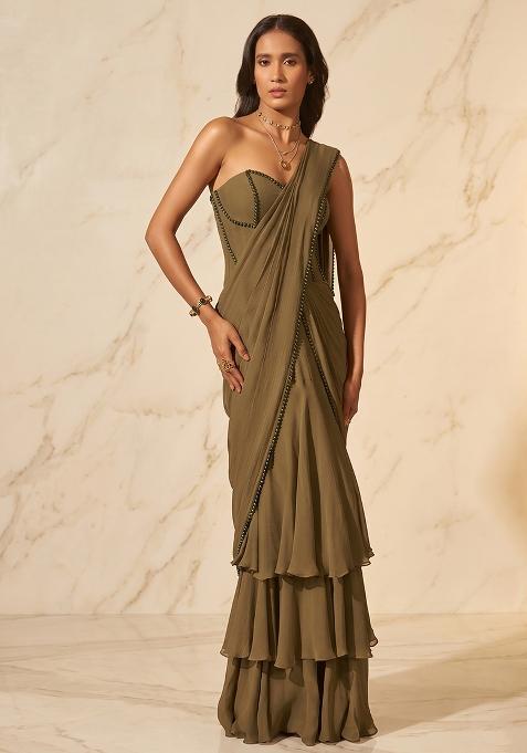 Olive Green Handwork Pre Draped Saree Set