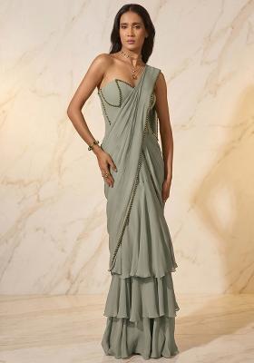 Sage Green Handwork Pre Draped Saree Set
