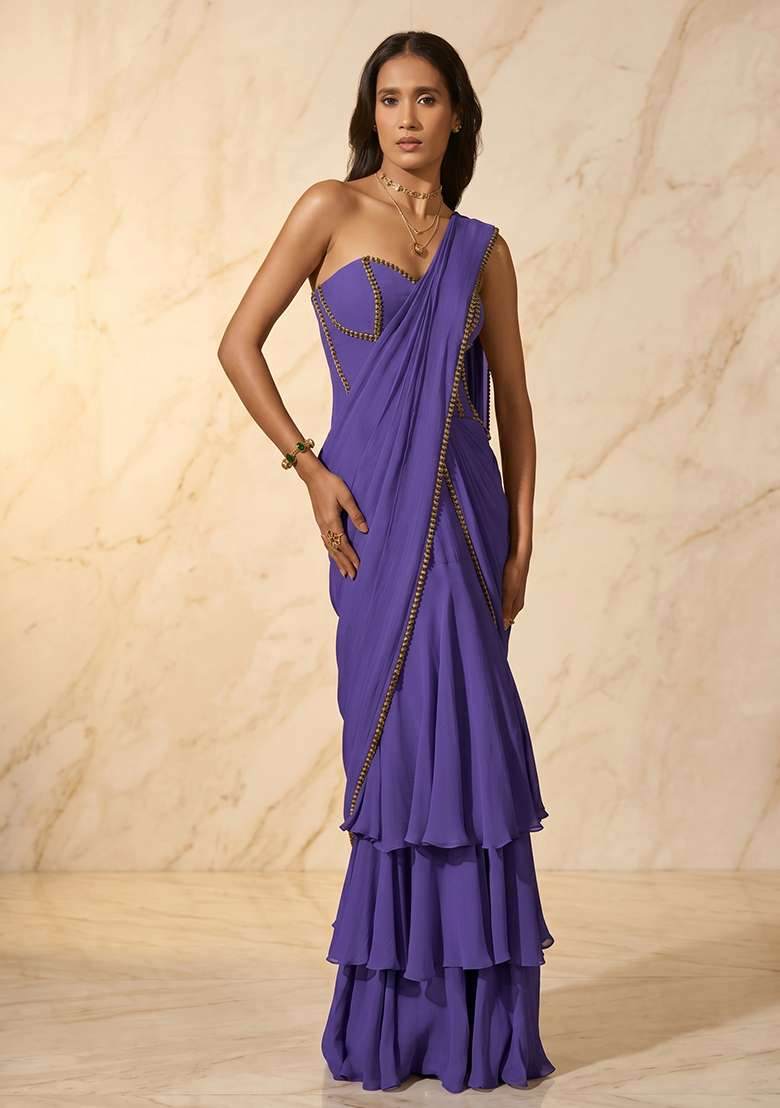 Purple Handwork Pre Draped Saree Set - Indya
