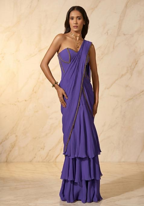 Purple Handwork Pre Draped Saree Set